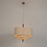 Wave Ladder Fabric Drum Pendant Light with Walnut Wood and Chrome Accents for Interior Lighting