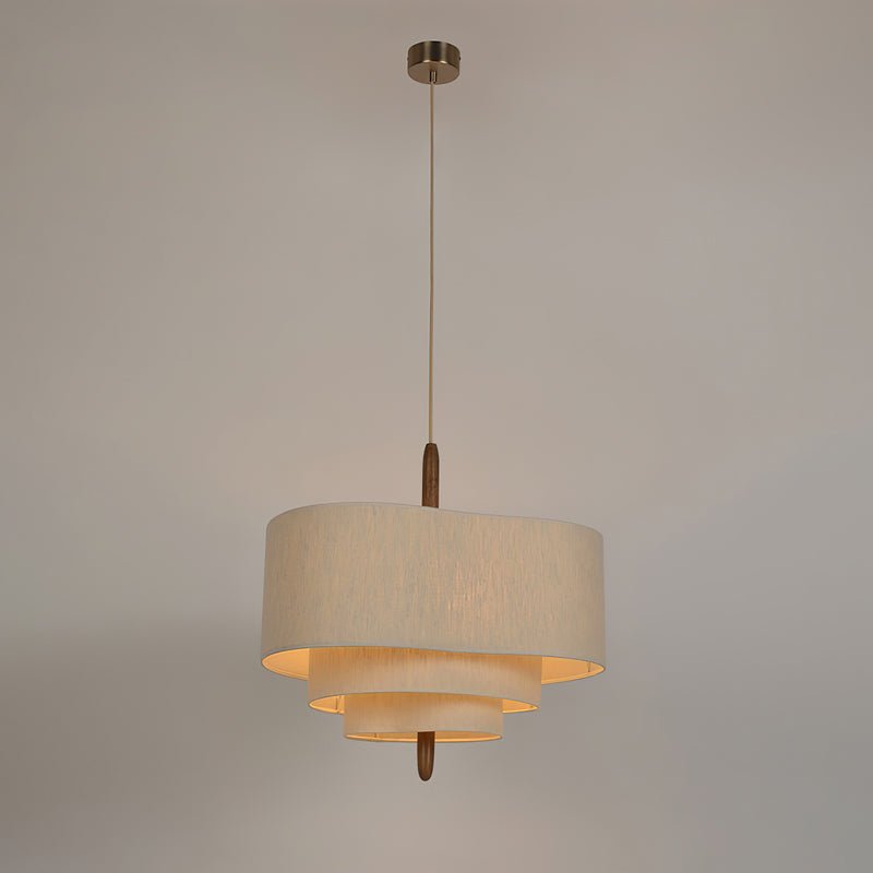 Wave Ladder Fabric Drum Pendant Light with Walnut Wood and Chrome Accents for Interior Lighting