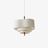 Wave Ladder Fabric Drum Pendant Light with Walnut Wood and Chrome Accents for Interior Lighting