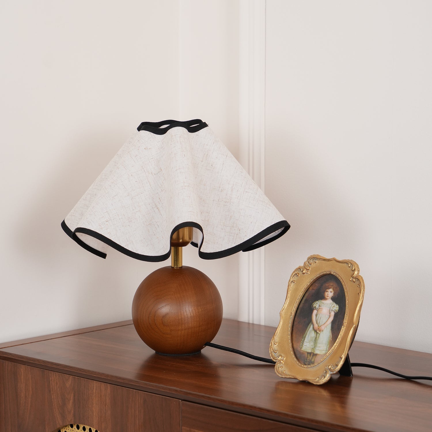 Wavecrest Modern Bedside Table Lamp with Wooden Base and Draped Linen Fabric Shade