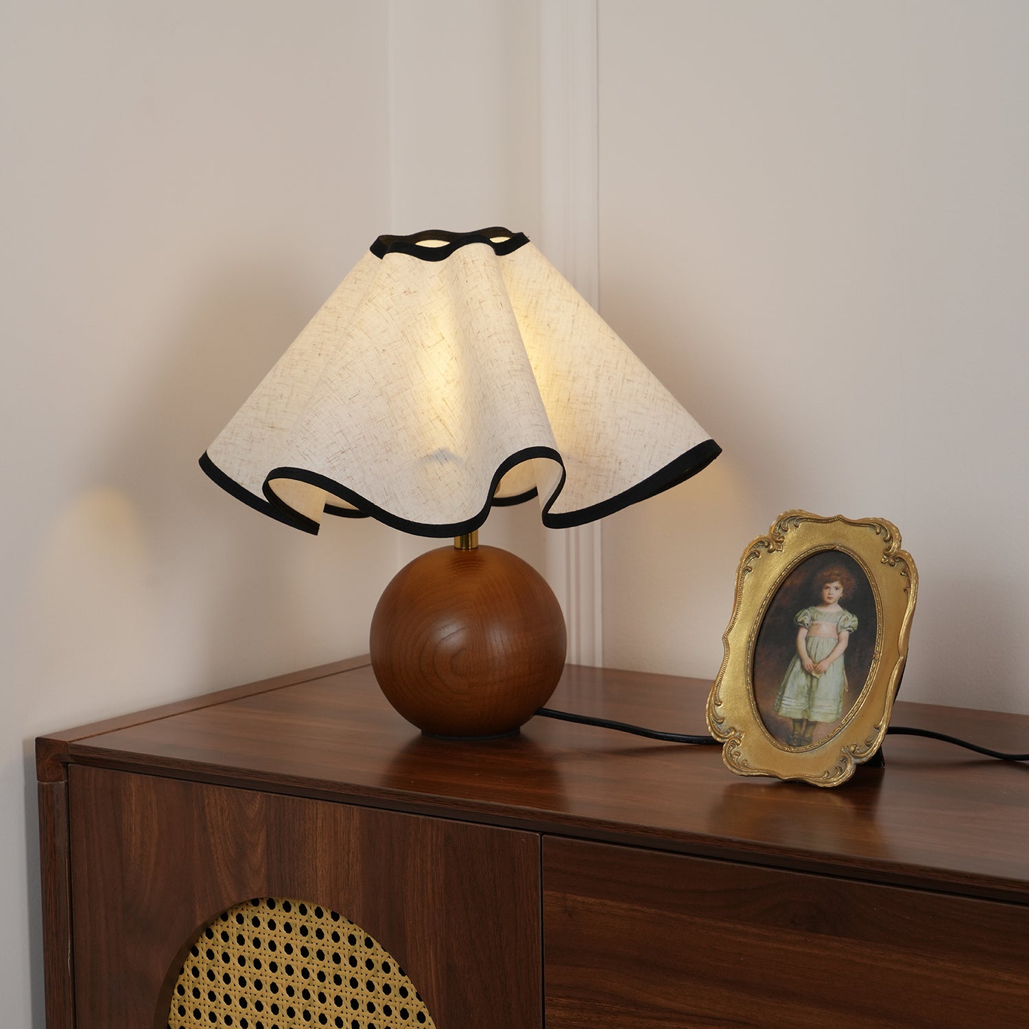 Wavecrest Modern Bedside Table Lamp with Wooden Base and Draped Linen Fabric Shade