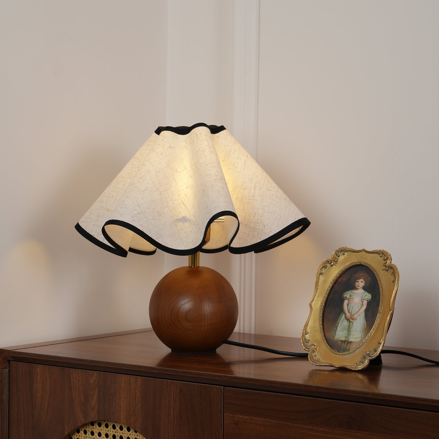 Wavecrest Modern Bedside Table Lamp with Wooden Base and Draped Linen Fabric Shade
