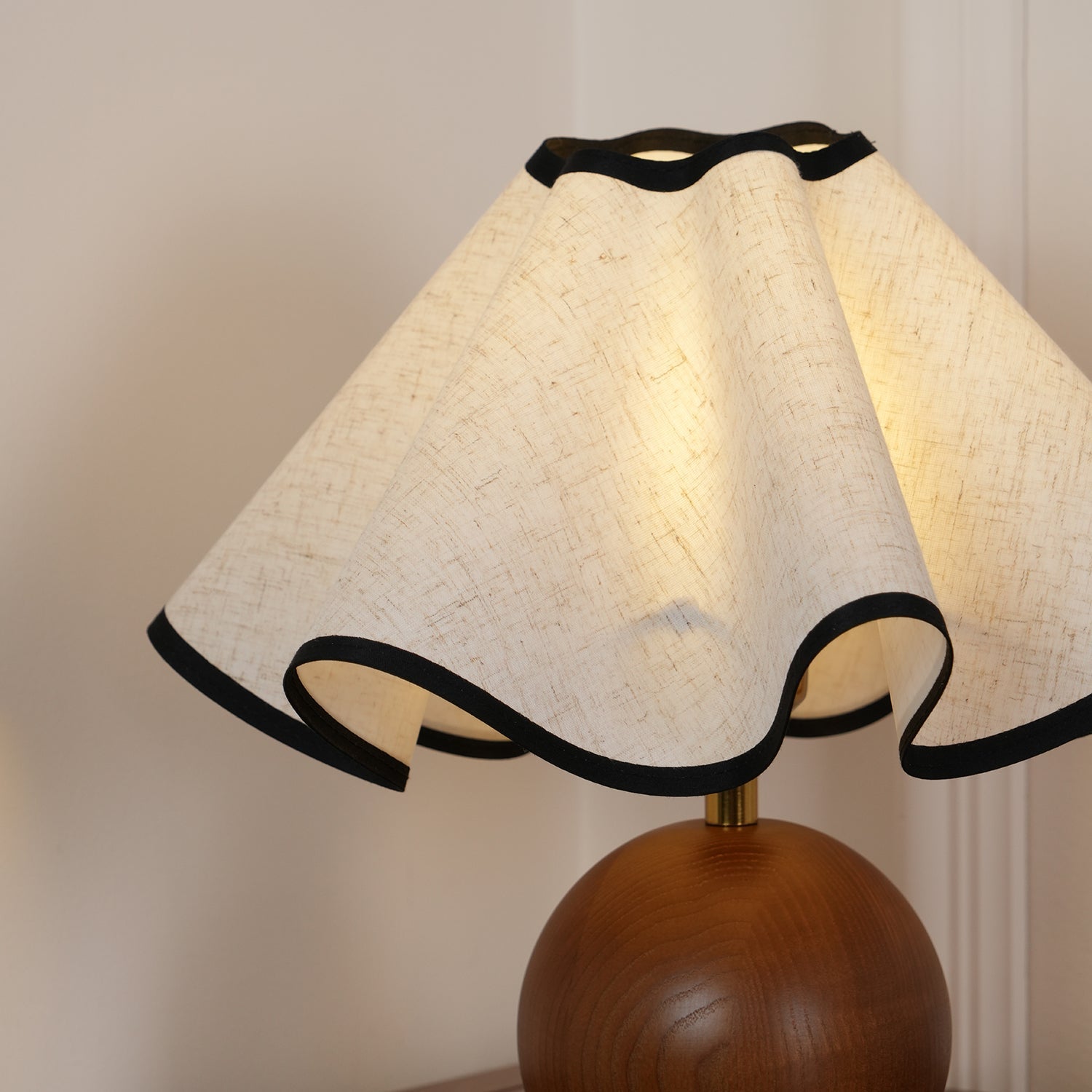 Wavecrest Modern Bedside Table Lamp with Wooden Base and Draped Linen Fabric Shade