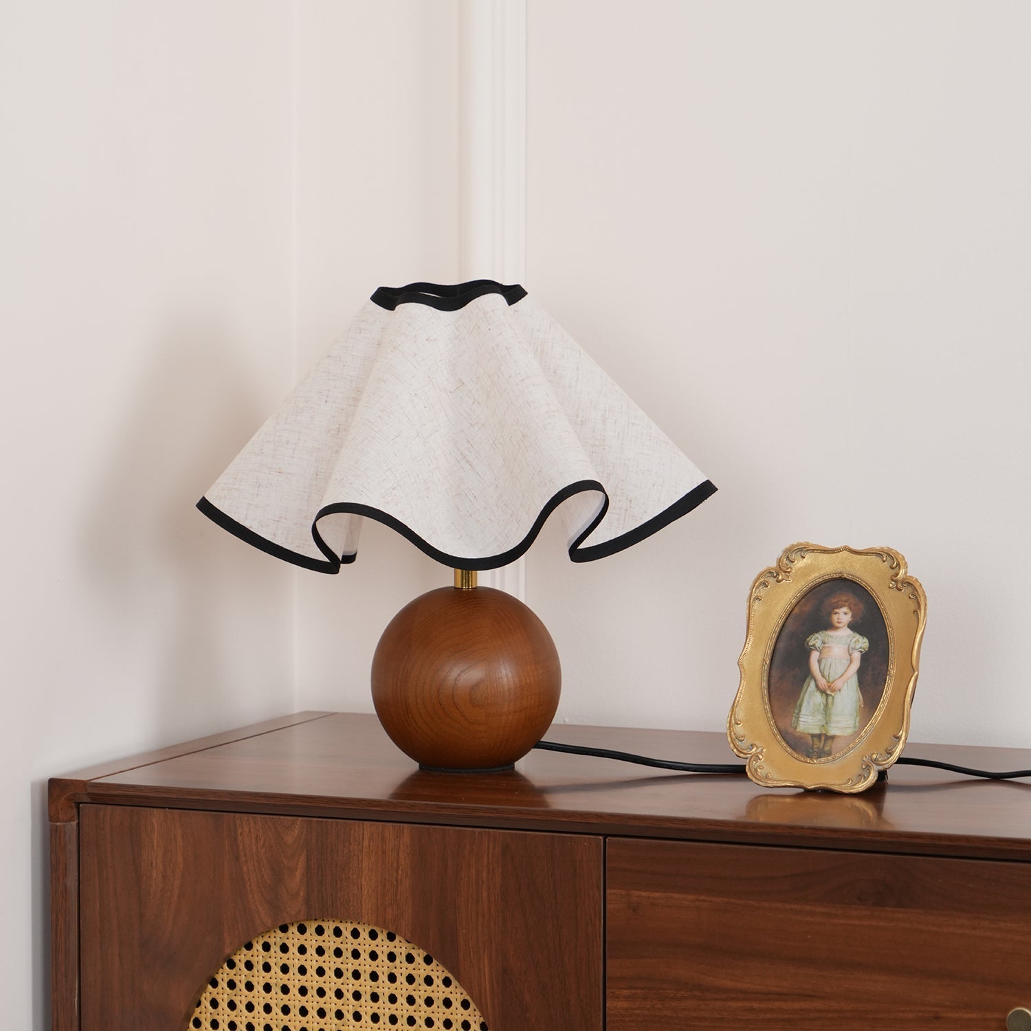 Wavecrest Modern Bedside Table Lamp with Wooden Base and Draped Linen Fabric Shade