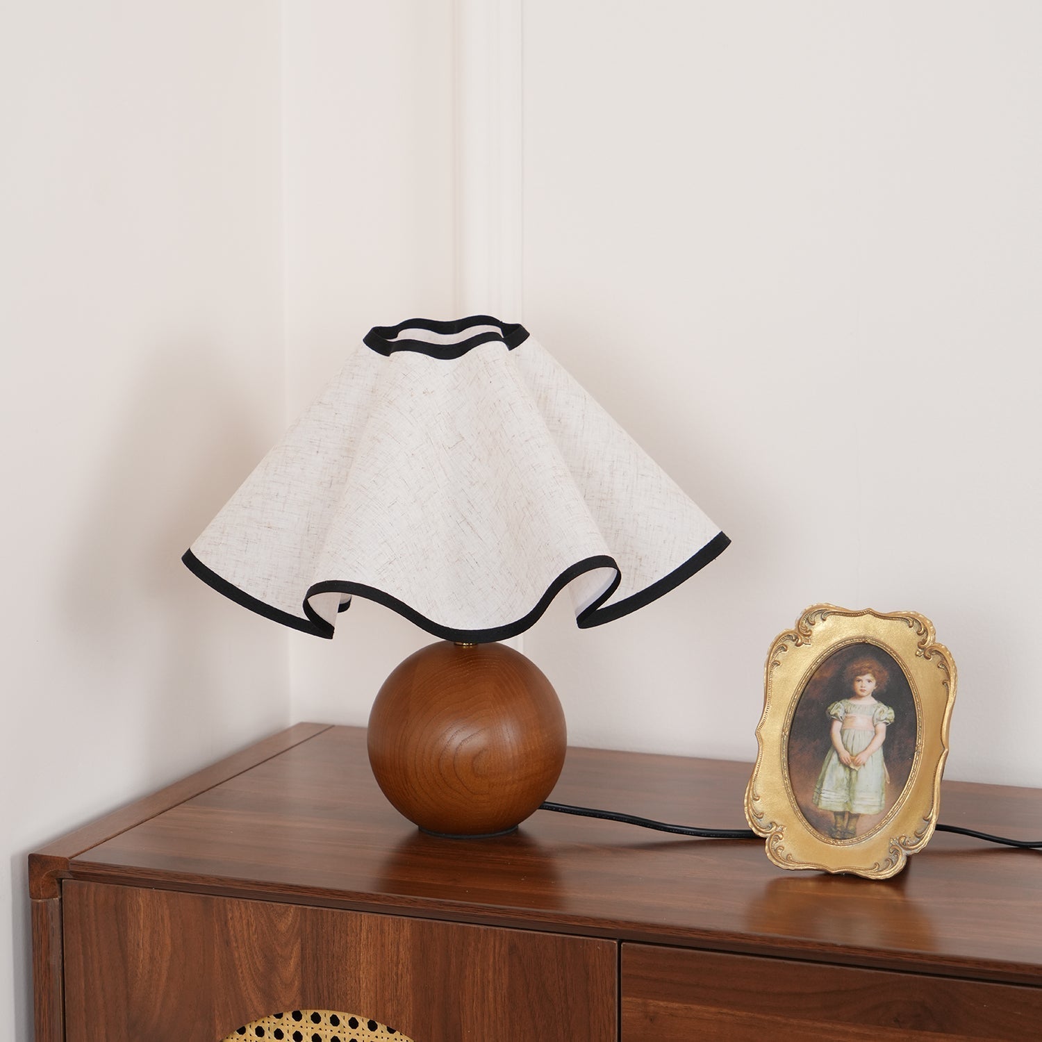 Wavecrest Modern Bedside Table Lamp with Wooden Base and Draped Linen Fabric Shade