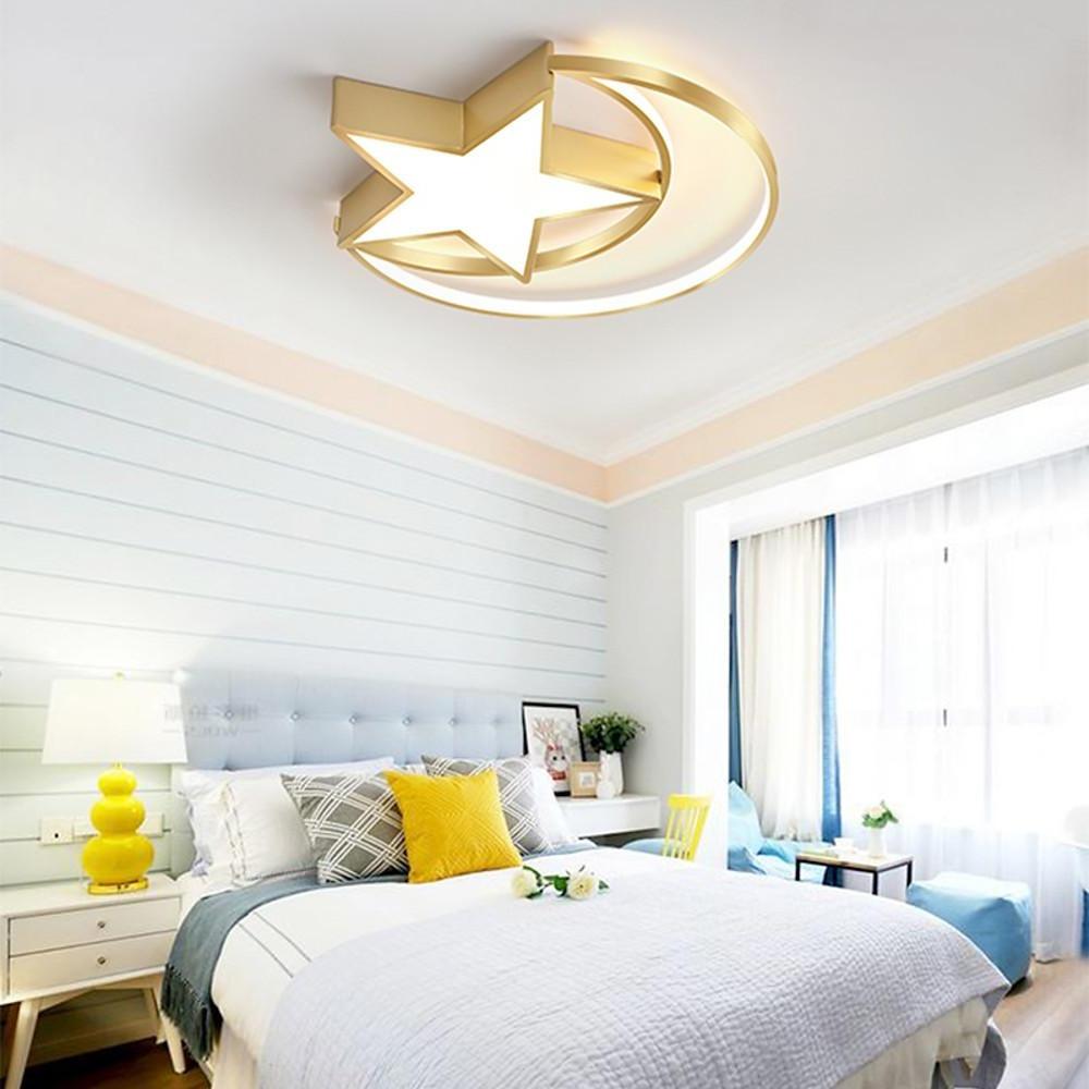 Modern Celestial Moon Star LED Flush Mount Ceiling Light for Kids Bedroom and Nursery Decor