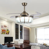 Bronze Retractable Blade Ceiling Fan with Integrated LED Light and Glass Shade for Bedrooms