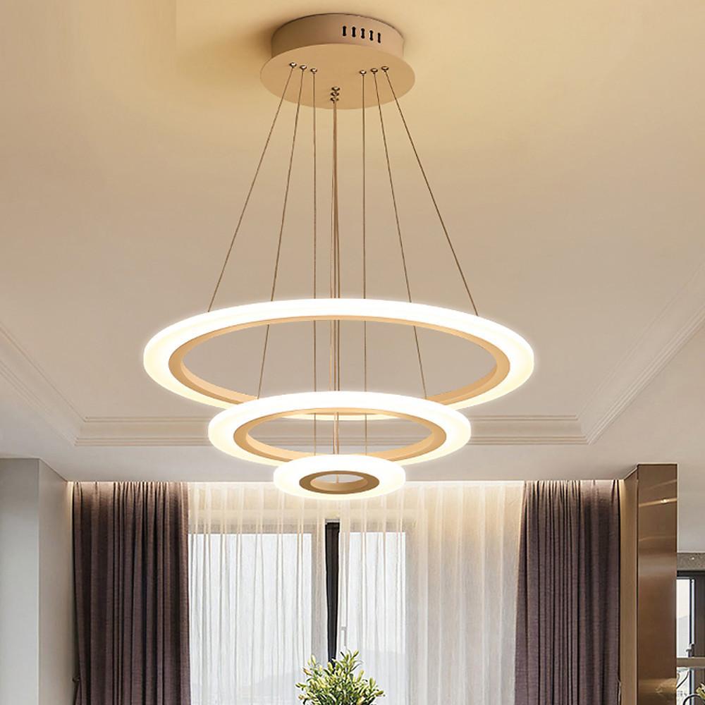 White 3 Ring Adjustable LED Chandelier Modern Circle Pendant Light for Living Room