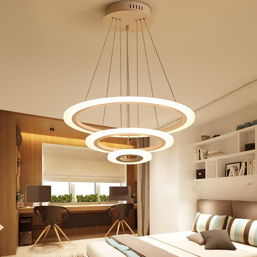 White 3 Ring Adjustable LED Chandelier Modern Circle Pendant Light for Living Room