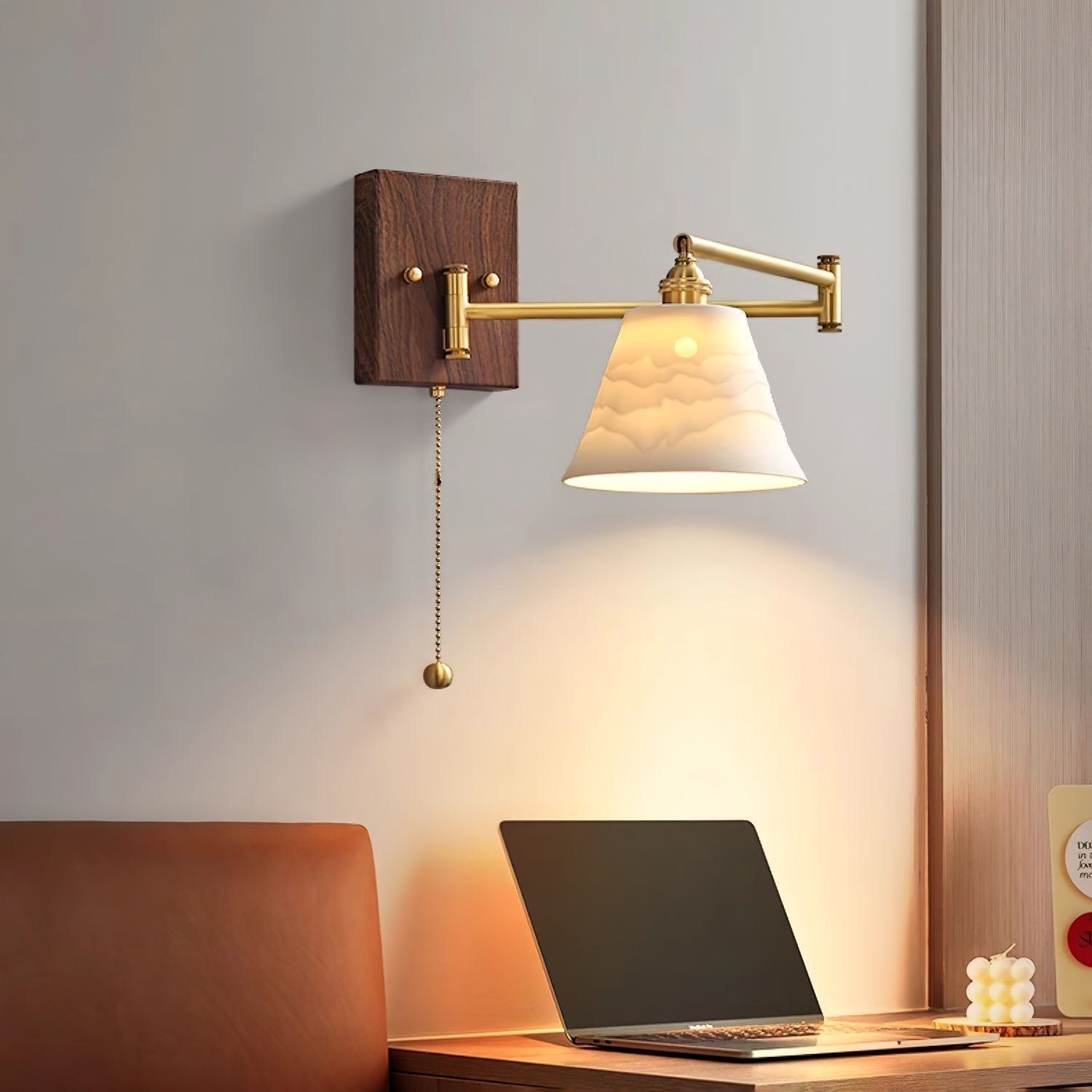White Ceramic Geometric Wall Lamp Sconce with Pull Chain Minimalist Indoor Light Fixture
