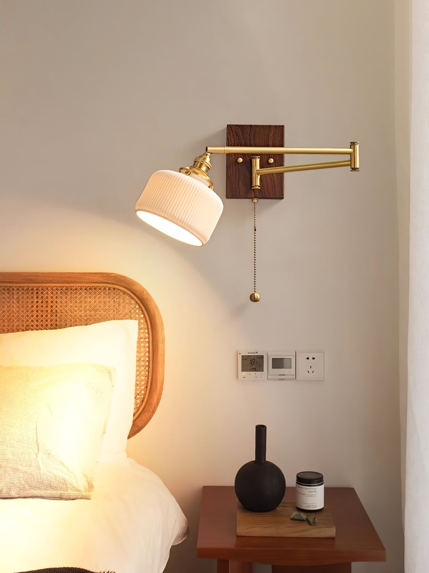 White Ceramic Geometric Wall Lamp Sconce with Pull Chain Minimalist Indoor Light Fixture