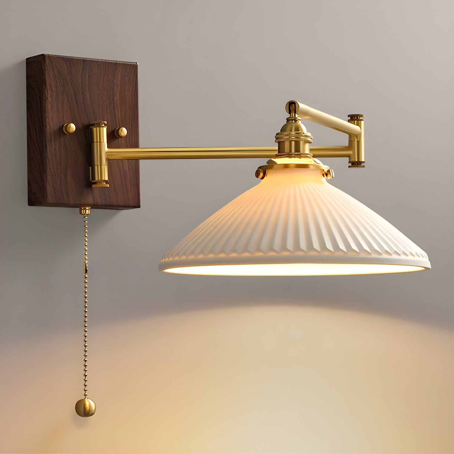 White Ceramic Geometric Wall Lamp Sconce with Pull Chain Minimalist Indoor Light Fixture