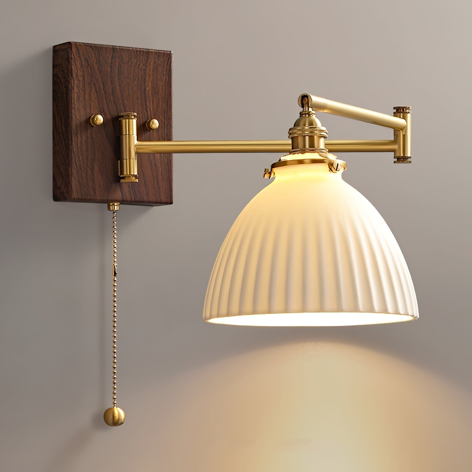 White Ceramic Geometric Wall Lamp Sconce with Pull Chain Minimalist Indoor Light Fixture
