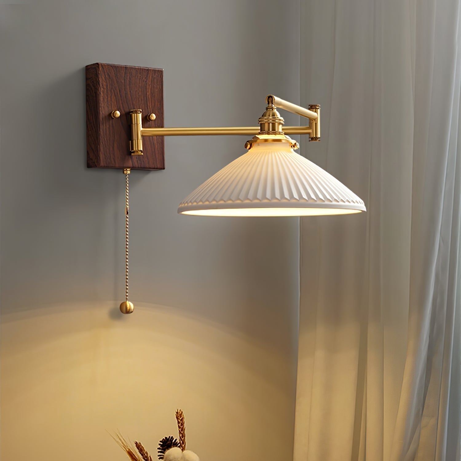 White Ceramic Geometric Wall Lamp Sconce with Pull Chain Minimalist Indoor Light Fixture
