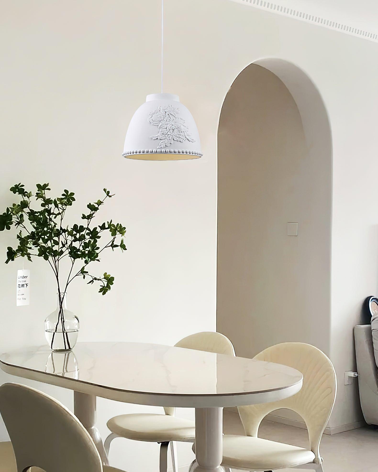 White Floral Embossed Resin Pendant Light Dome Shaped Hanging Lamp for Home Decor
