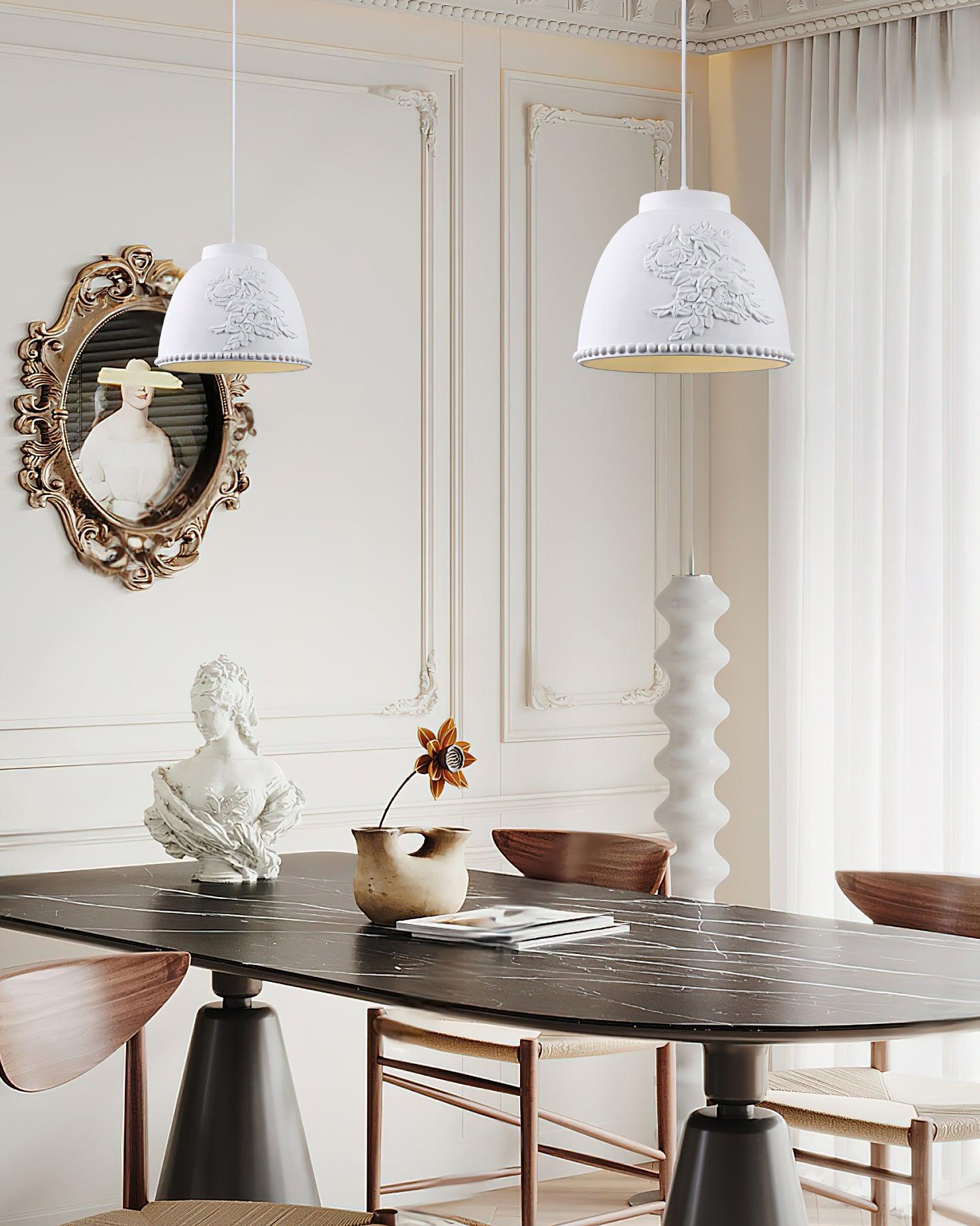 White Floral Embossed Resin Pendant Light Dome Shaped Hanging Lamp for Home Decor