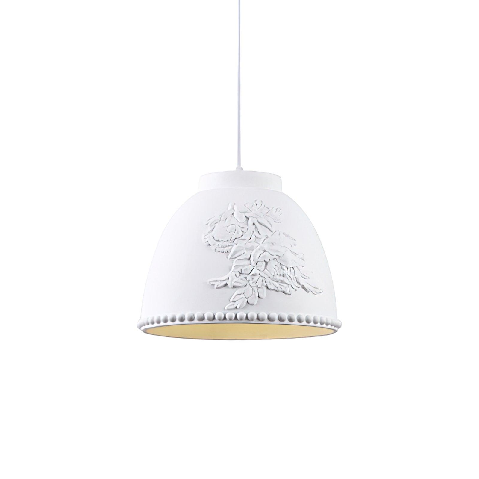 White Floral Embossed Resin Pendant Light Dome Shaped Hanging Lamp for Home Decor