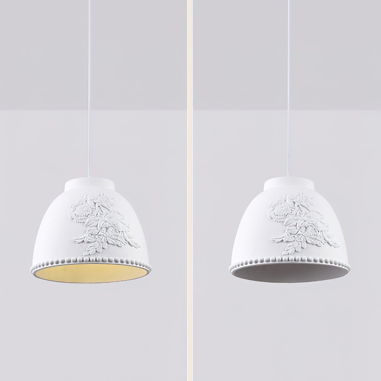 White Floral Embossed Resin Pendant Light Dome Shaped Hanging Lamp for Home Decor