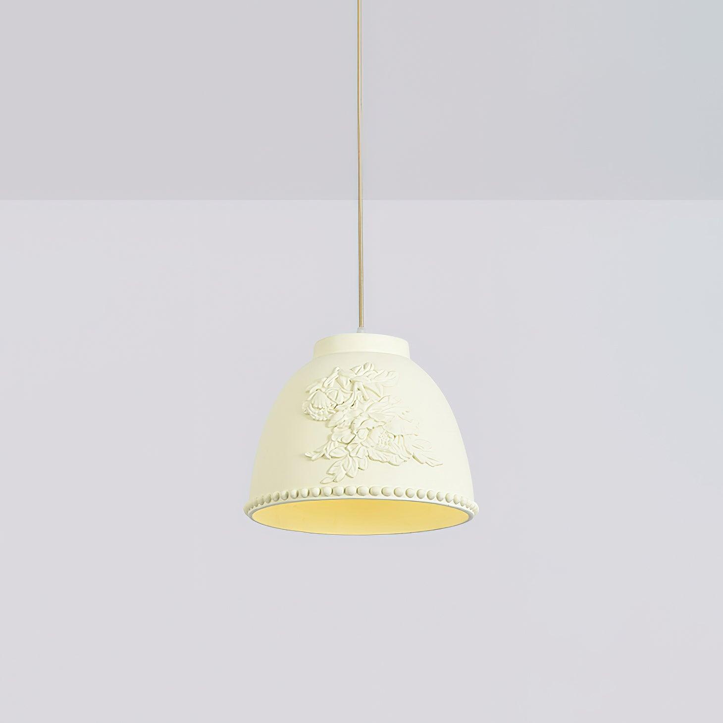 White Floral Embossed Resin Pendant Light Dome Shaped Hanging Lamp for Home Decor