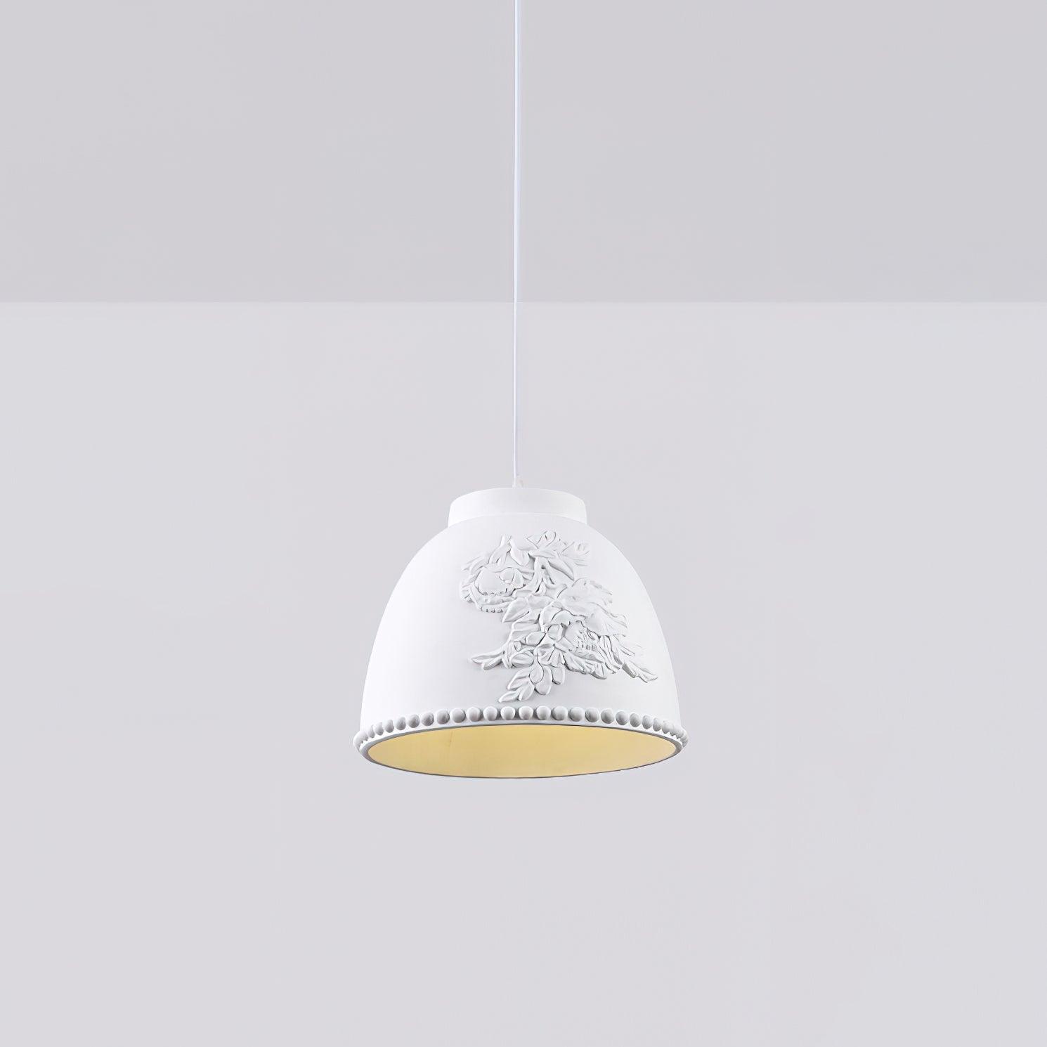 White Floral Embossed Resin Pendant Light Dome Shaped Hanging Lamp for Home Decor