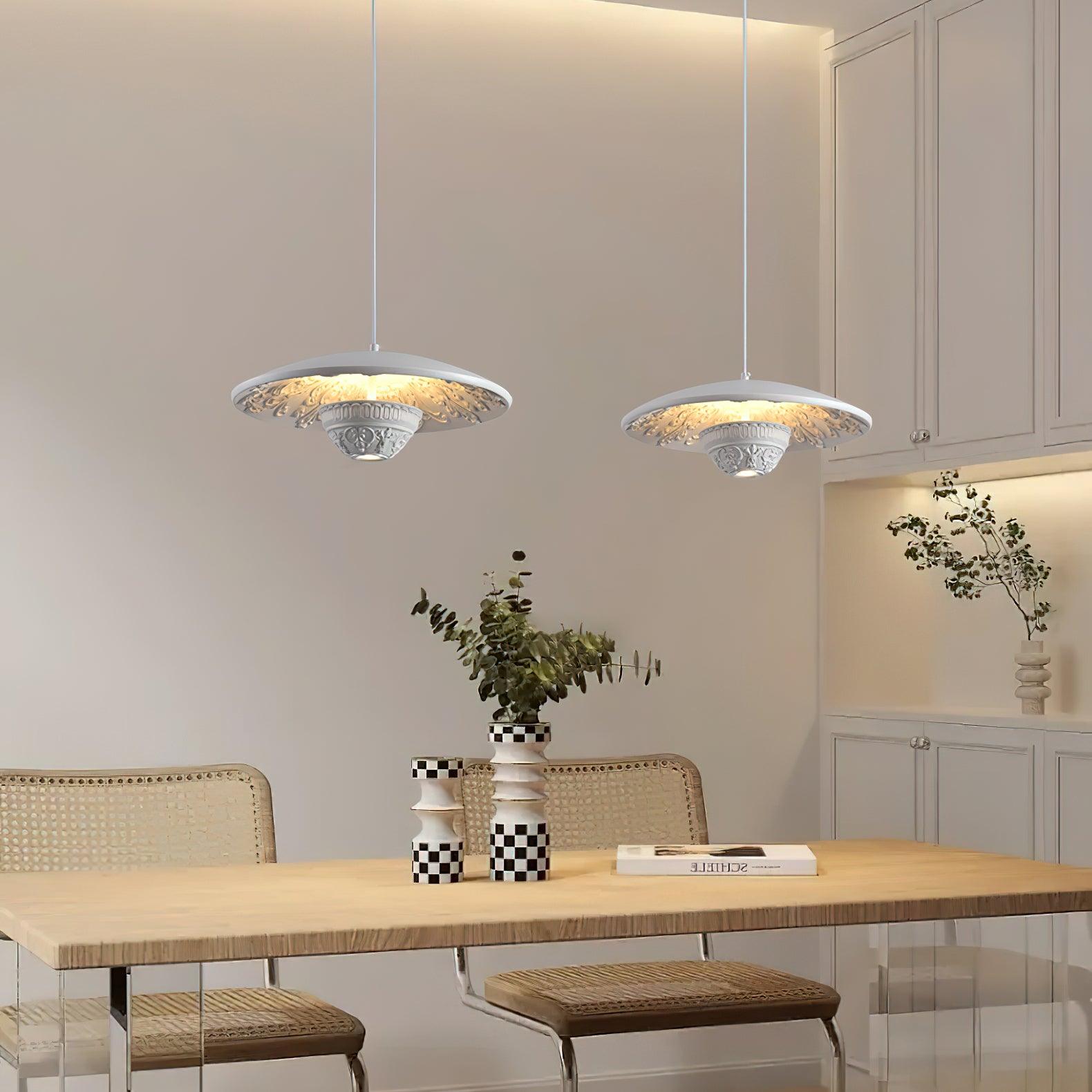White Flying Saucer Resin Pendant Lamp Modern Integrated LED Hanging Light Fixture
