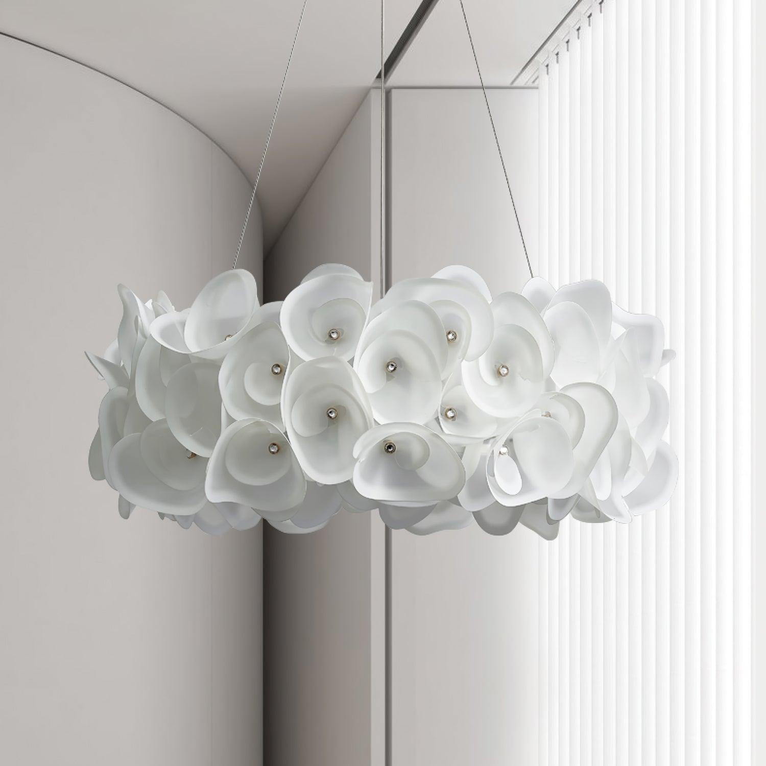 White Hydrangea Petal Metal Pendant Lamp Elegant Floral Hanging Chandelier for Modern Interiors