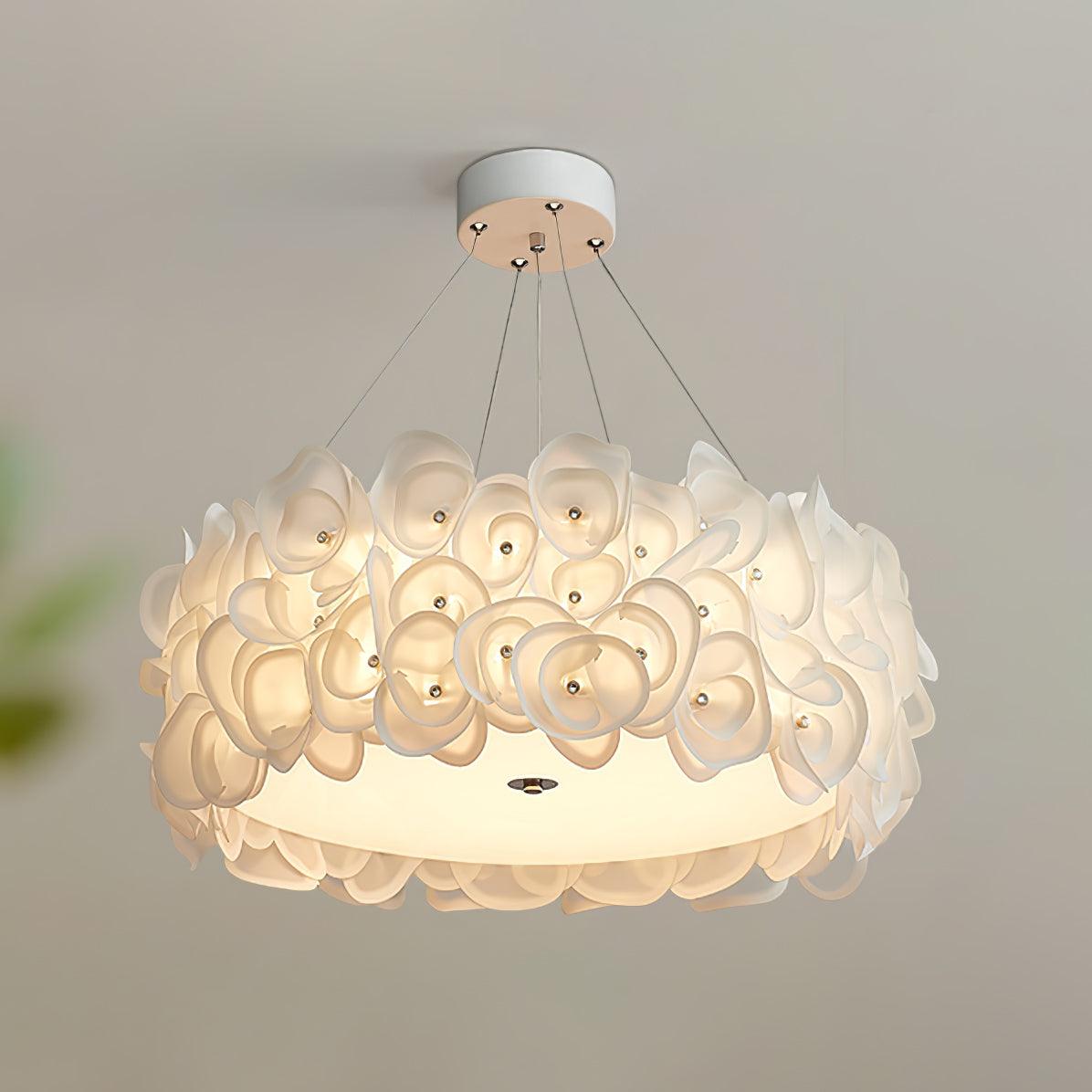White Hydrangea Petal Metal Pendant Lamp Elegant Floral Hanging Chandelier for Modern Interiors