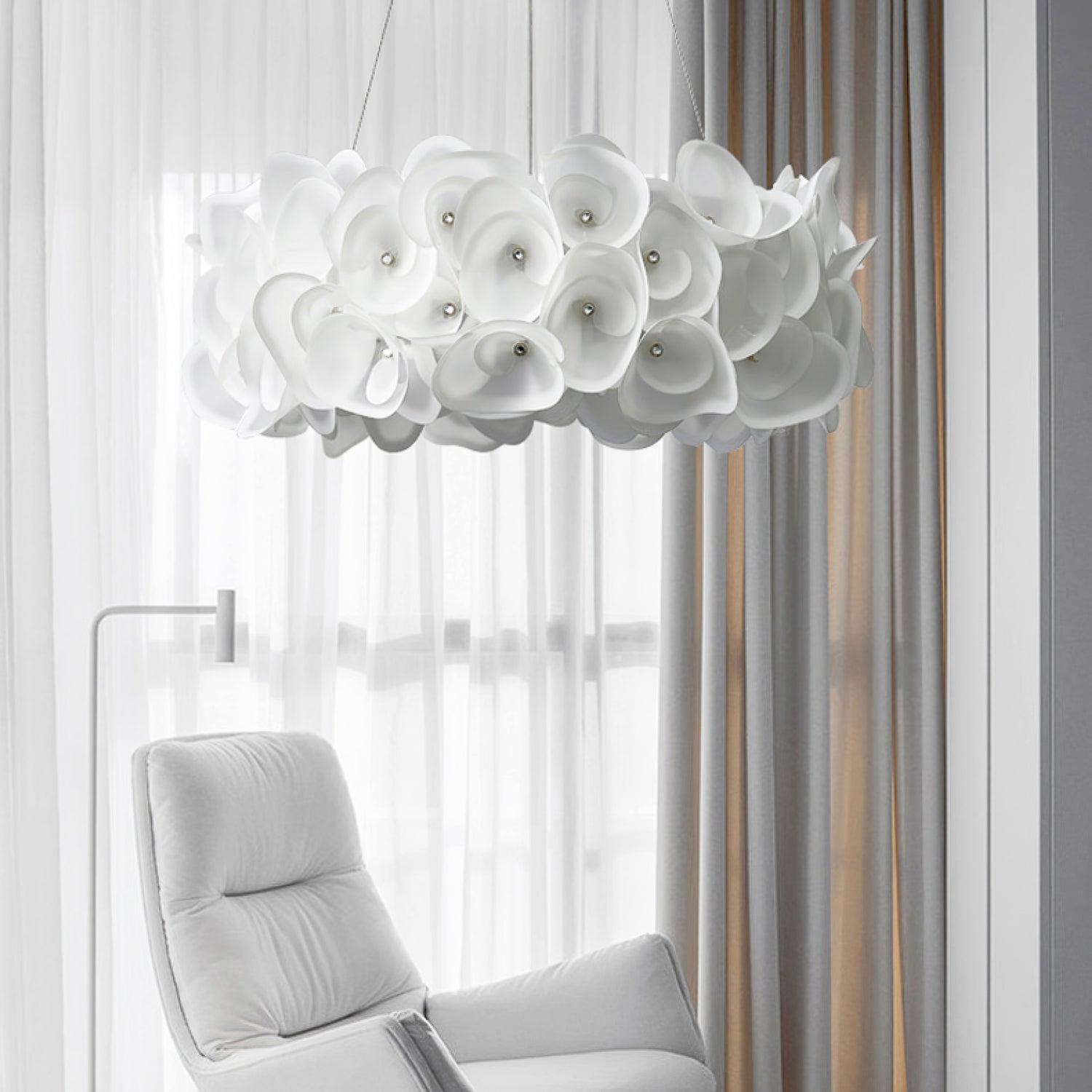 White Hydrangea Petal Metal Pendant Lamp Elegant Floral Hanging Chandelier for Modern Interiors