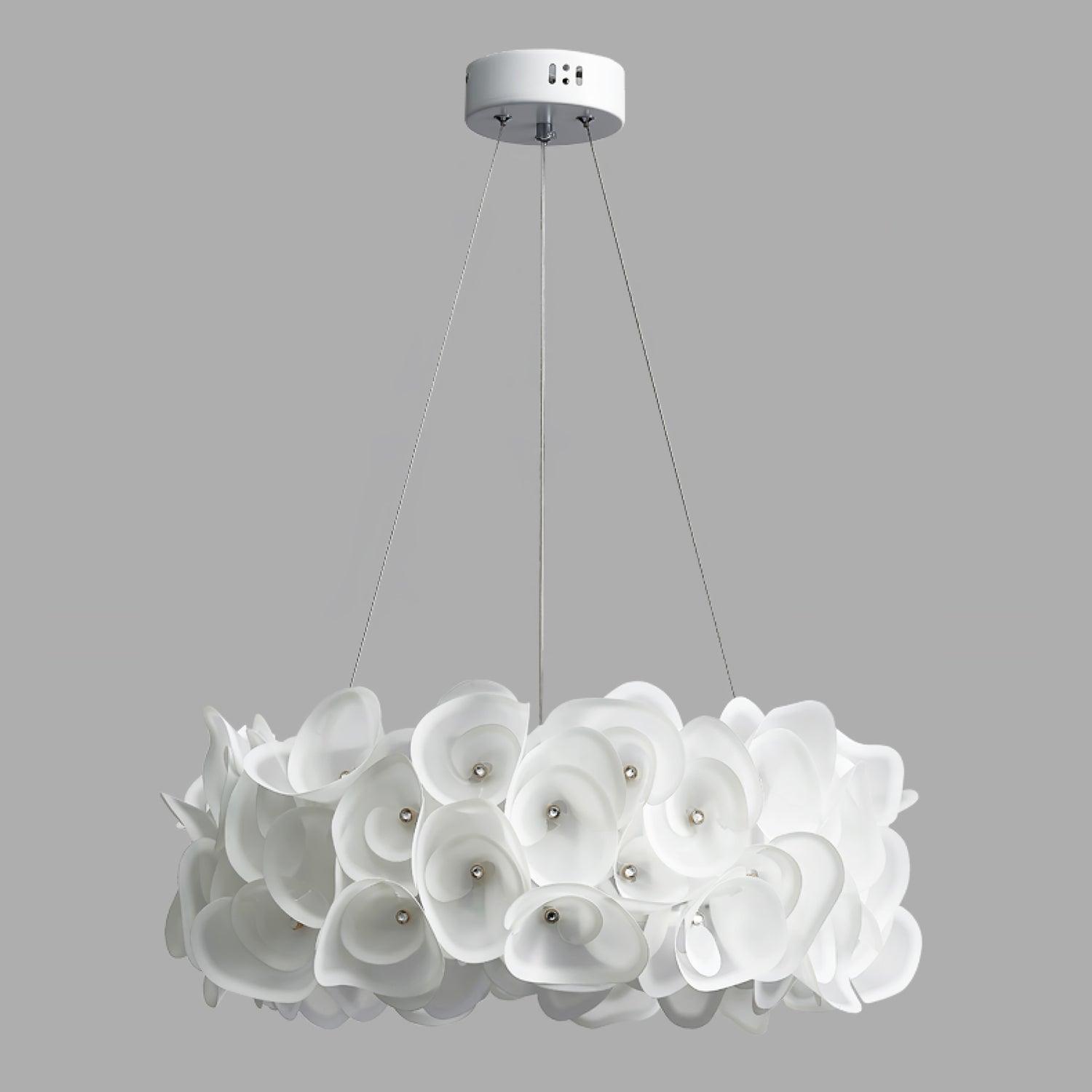 White Hydrangea Petal Metal Pendant Lamp Elegant Floral Hanging Chandelier for Modern Interiors
