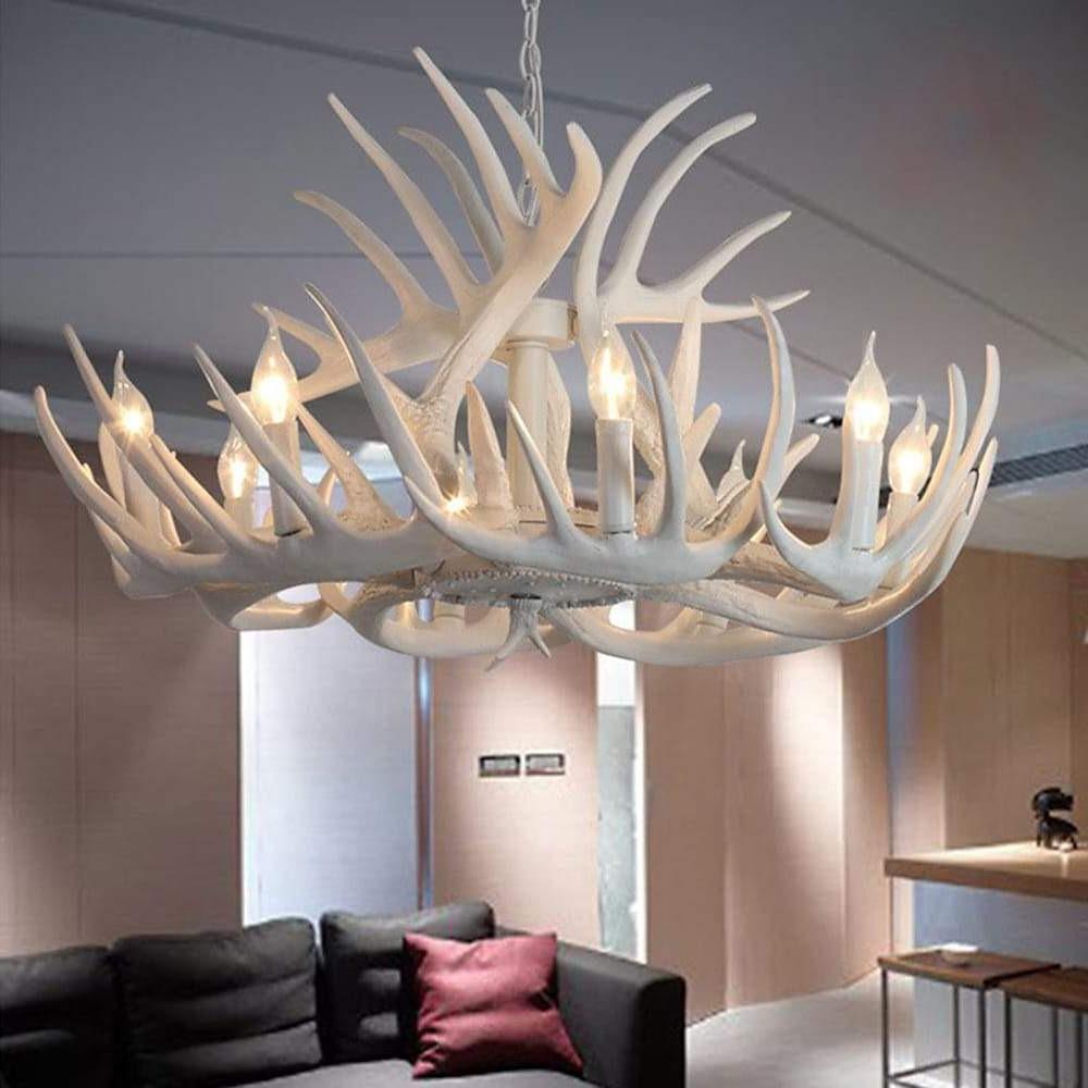 White Resin Antler Chandelier Vintage Rustic Candle Pendant Light for Living Room and Dining Space