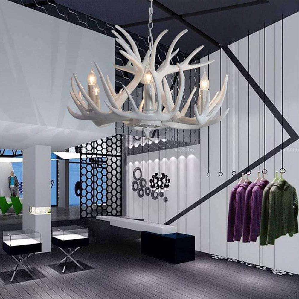 White Resin Antler Chandelier Vintage Rustic Candle Pendant Light for Living Room and Dining Space