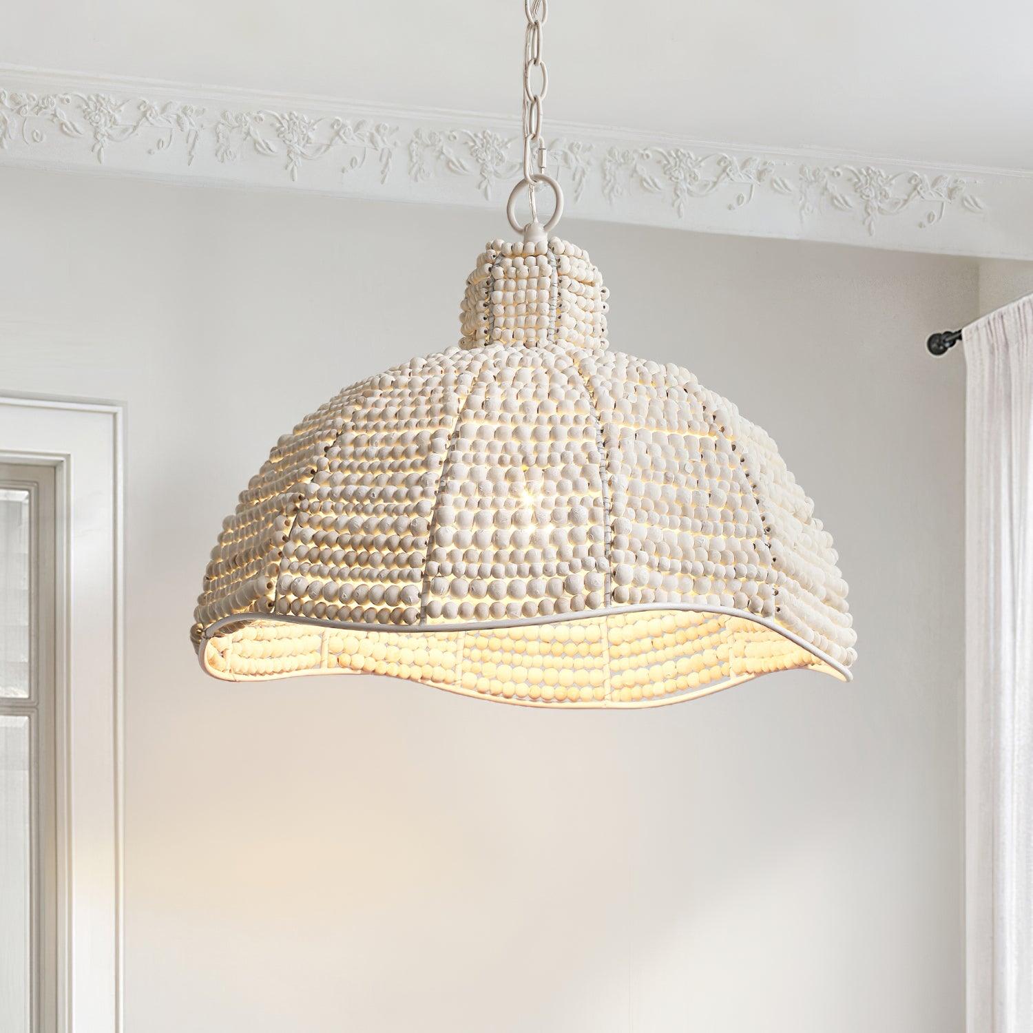 White Wood Bead Pendant Light French Country Beaded Chandelier for Luxury Living Space