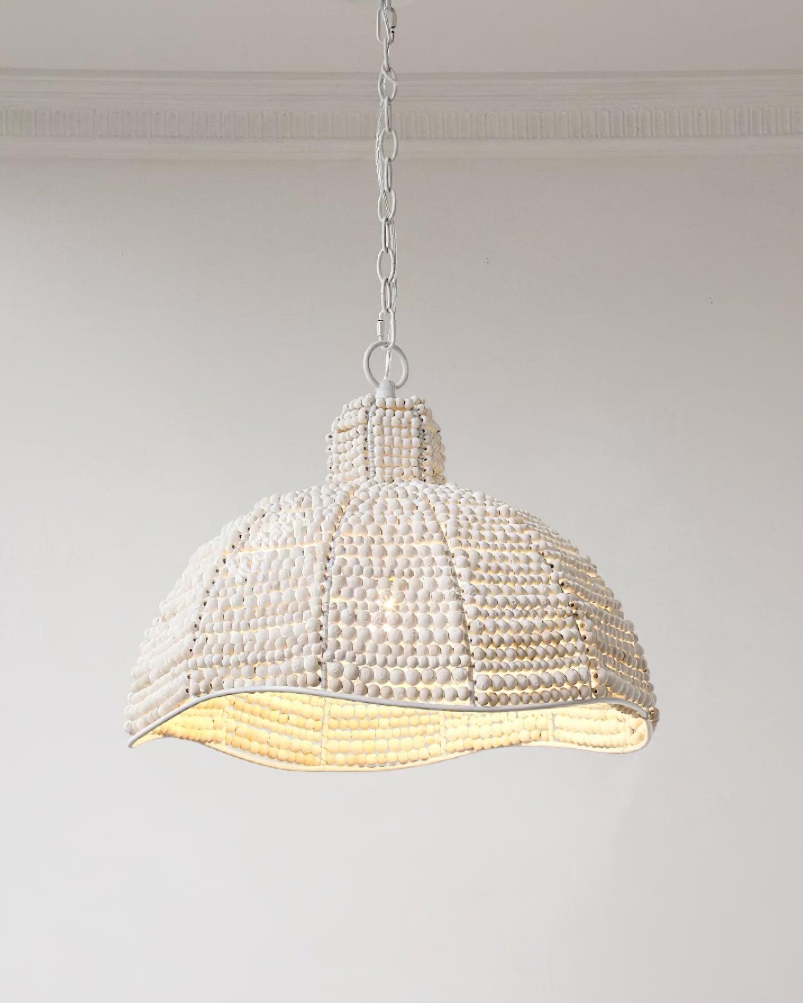 White Wood Bead Pendant Light French Country Beaded Chandelier for Luxury Living Space