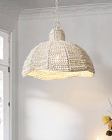 White Wood Bead Pendant Light French Country Beaded Chandelier for Luxury Living Space