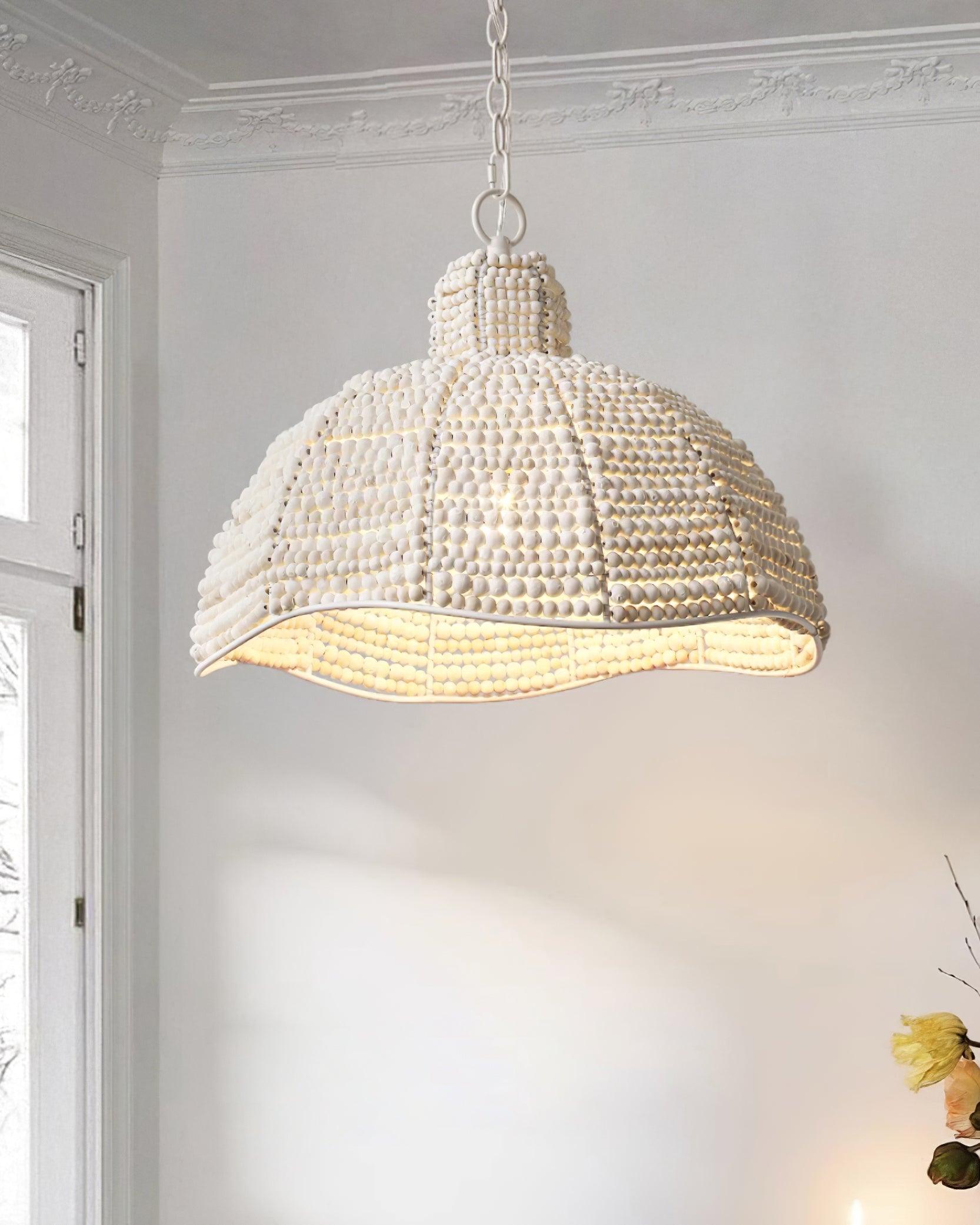 White Wood Bead Pendant Light French Country Beaded Chandelier for Luxury Living Space