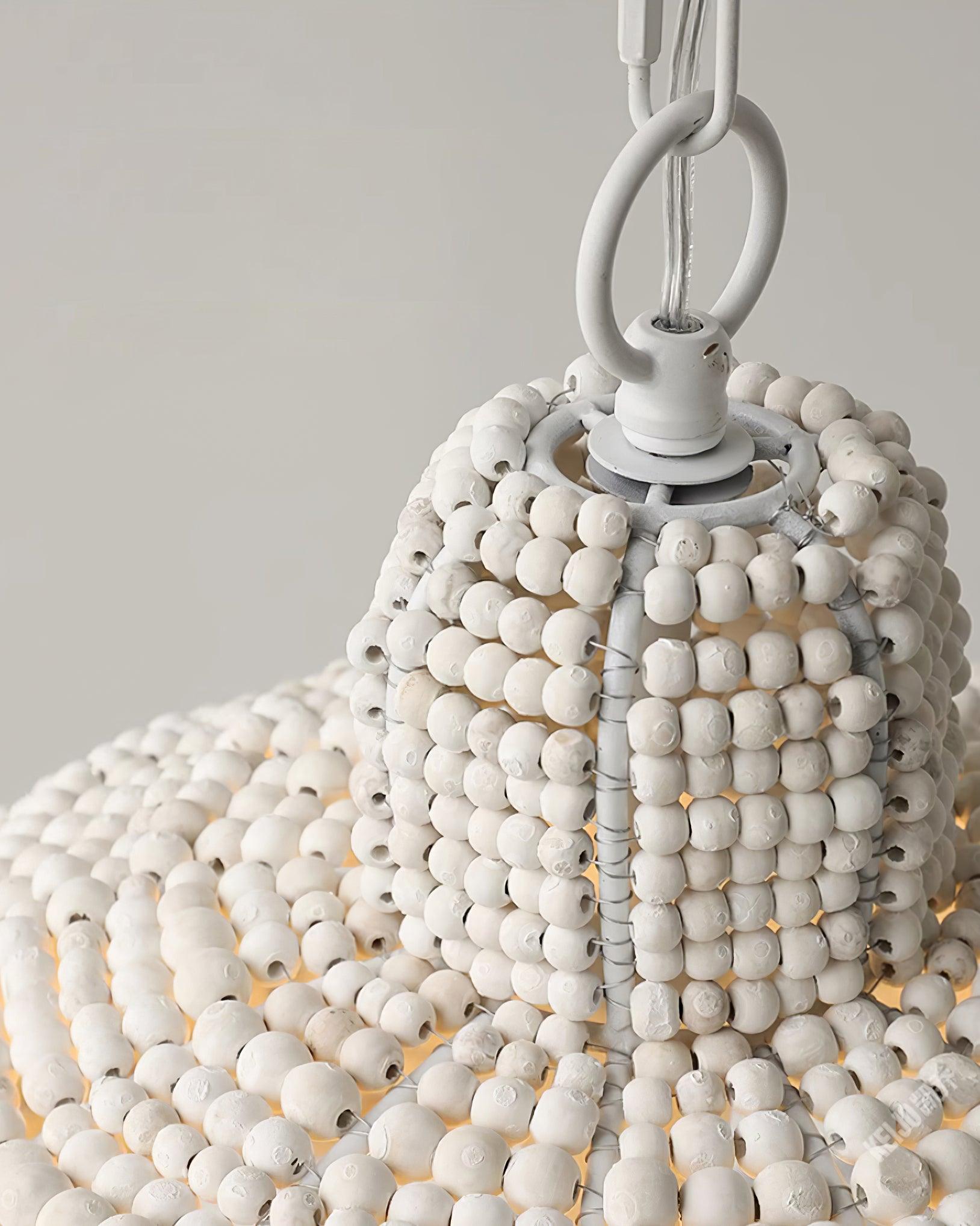 White Wood Bead Pendant Light French Country Beaded Chandelier for Luxury Living Space