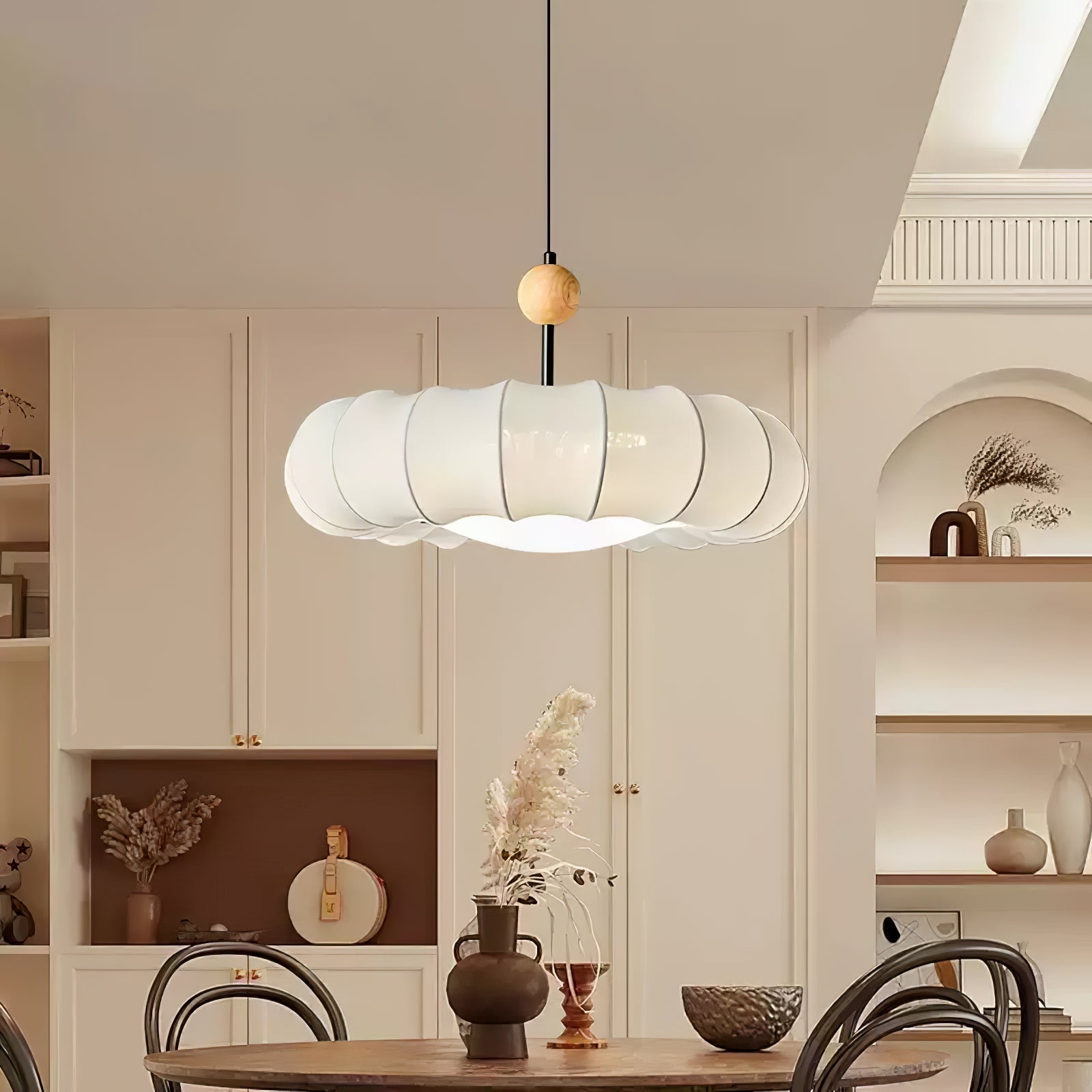 Winnie Veil Fabric Pendant Light with Wood Accents Modern Ceiling Hanging Fixture for Dining Room