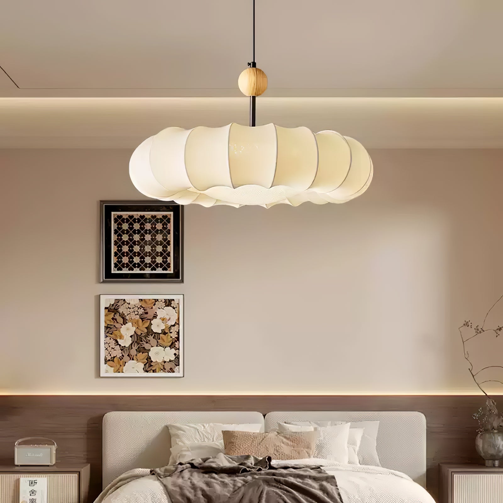 Winnie Veil Fabric Pendant Light with Wood Accents Modern Ceiling Hanging Fixture for Dining Room