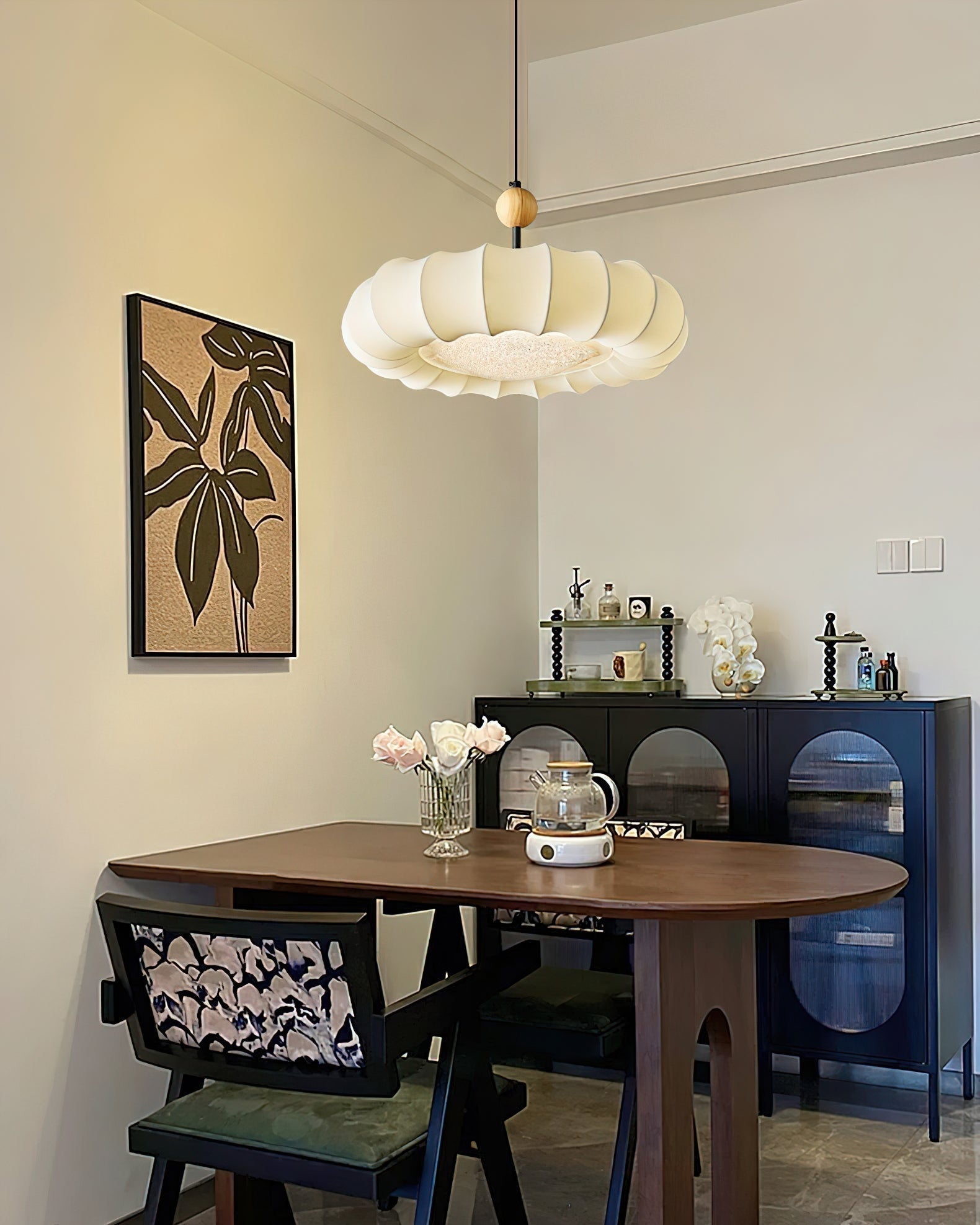 Winnie Veil Fabric Pendant Light with Wood Accents Modern Ceiling Hanging Fixture for Dining Room