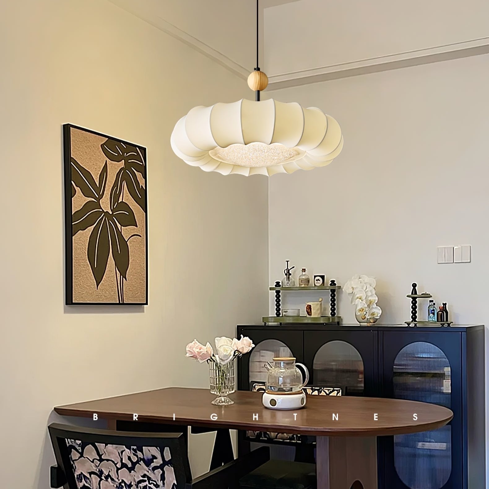 Winnie Veil Fabric Pendant Light with Wood Accents Modern Ceiling Hanging Fixture for Dining Room
