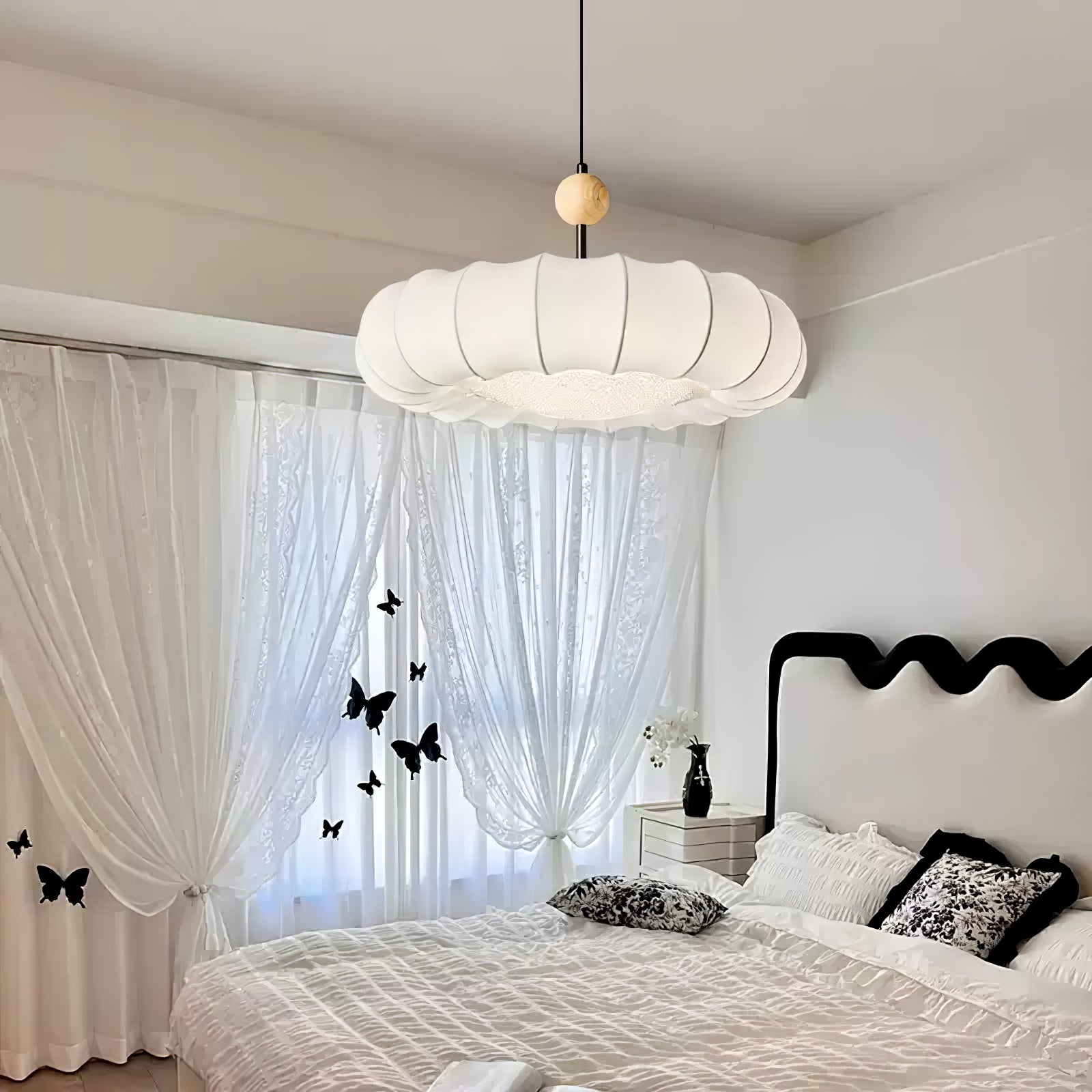 Winnie Veil Fabric Pendant Light with Wood Accents Modern Ceiling Hanging Fixture for Dining Room