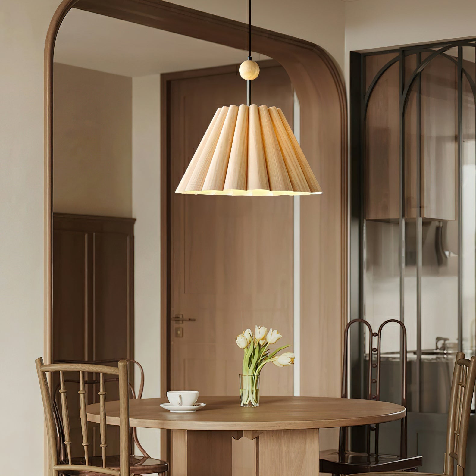 Woodland Mid Century Modern Wooden Ceiling Pendant Lamp with Parchment Diffuser