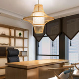 Woven Bamboo Two Cone Pendant Light Burlywood Farmhouse Hanging Chandelier for Dining Room
