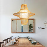 Woven Bamboo Two Cone Pendant Light Burlywood Farmhouse Hanging Chandelier for Dining Room