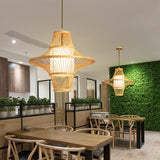 Woven Bamboo Two Cone Pendant Light Burlywood Farmhouse Hanging Chandelier for Dining Room