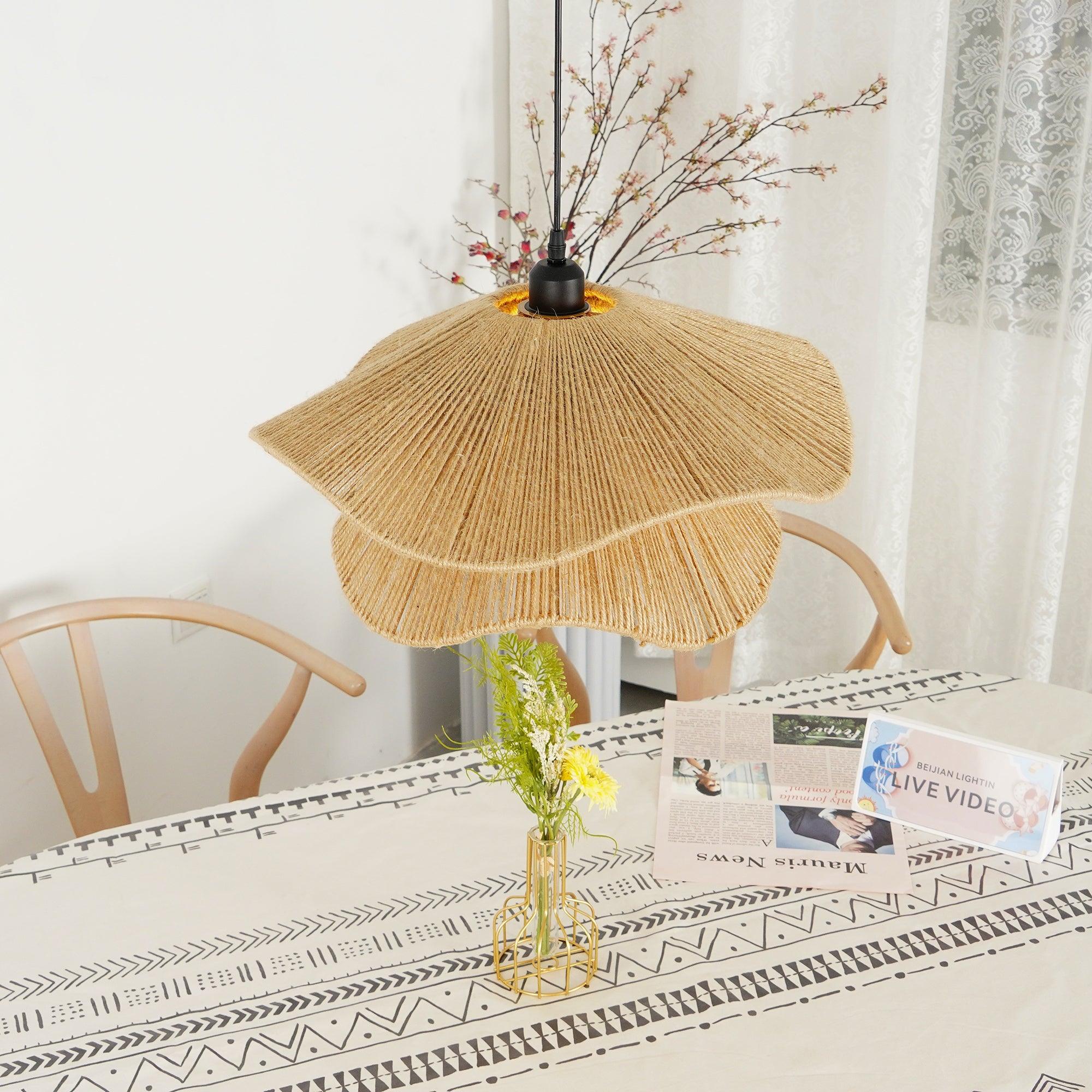 Woven Hemp Rope Straw Hat Pendant Light Natural Rustic Hanging Ceiling Lamp