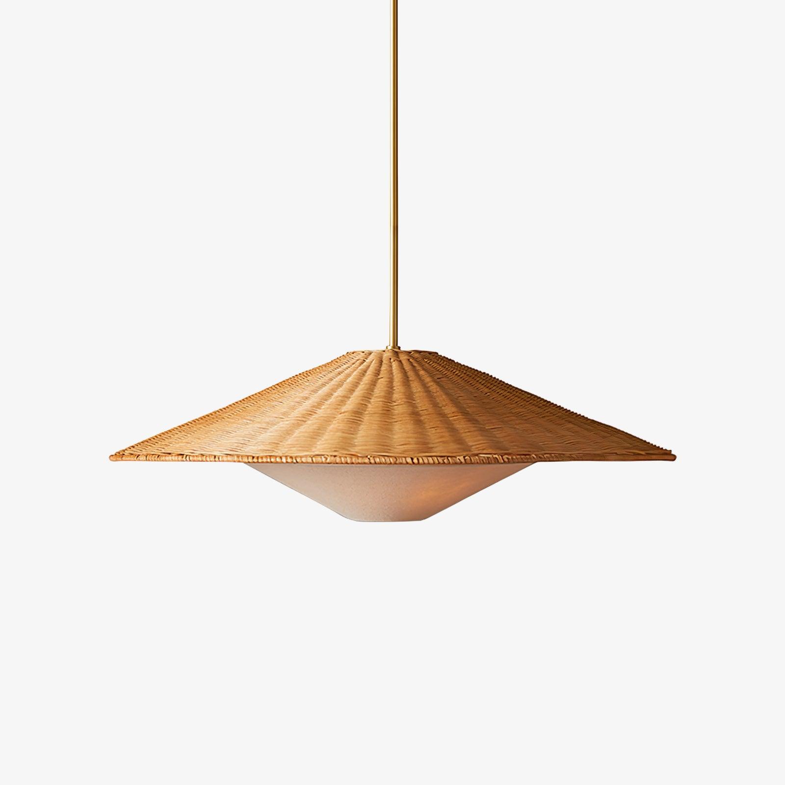Woven Natural Rattan Hat Shape Pendant Light Boho Coastal Hanging Fixture Gold Metal Trim