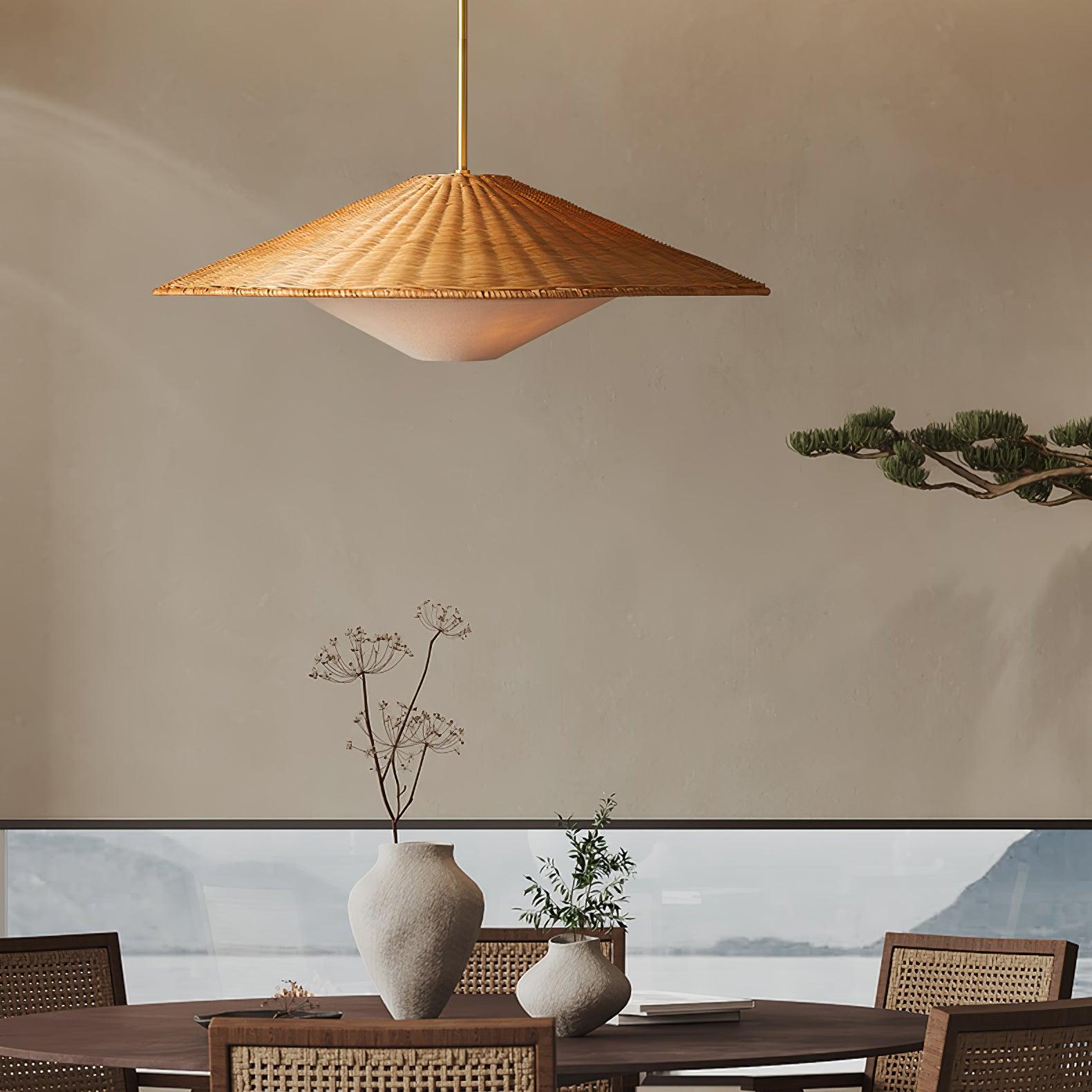 Woven Natural Rattan Hat Shape Pendant Light Boho Coastal Hanging Fixture Gold Metal Trim