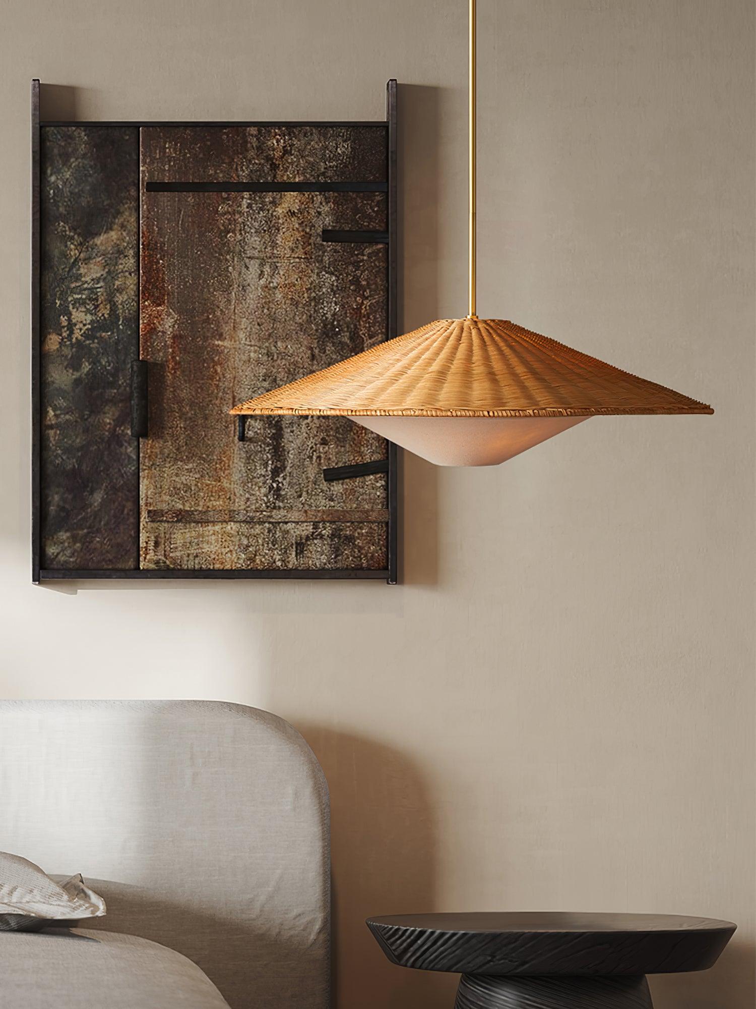 Woven Natural Rattan Hat Shape Pendant Light Boho Coastal Hanging Fixture Gold Metal Trim