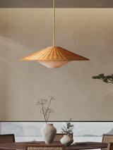 Woven Natural Rattan Hat Shape Pendant Light Boho Coastal Hanging Fixture Gold Metal Trim